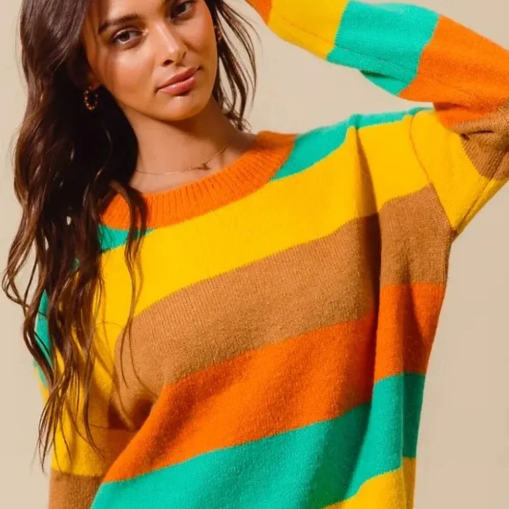 SO ME Multi‎ Color Stripe Sweater with Ribbed Detail